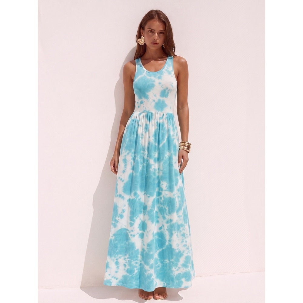 Euovmy Tie Dye Sleeveless Maxi Dress Small Blue‎ White Boho Pockets NWT